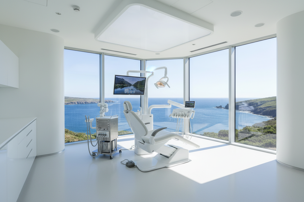 A modern, high-tech dental or medical treatment room with floor-to-ceiling windows overlooking a beautiful view (ocean, city skyline, or nature). Bright natural light, clean white equipment, sleek design.
